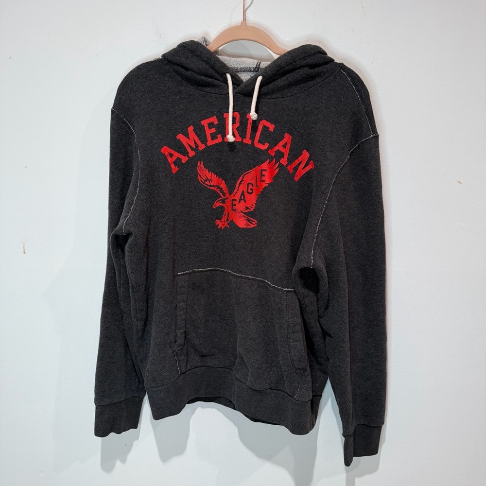 American Eagle Outfitters Men's Gray Hoodie Sweater with Red Logo